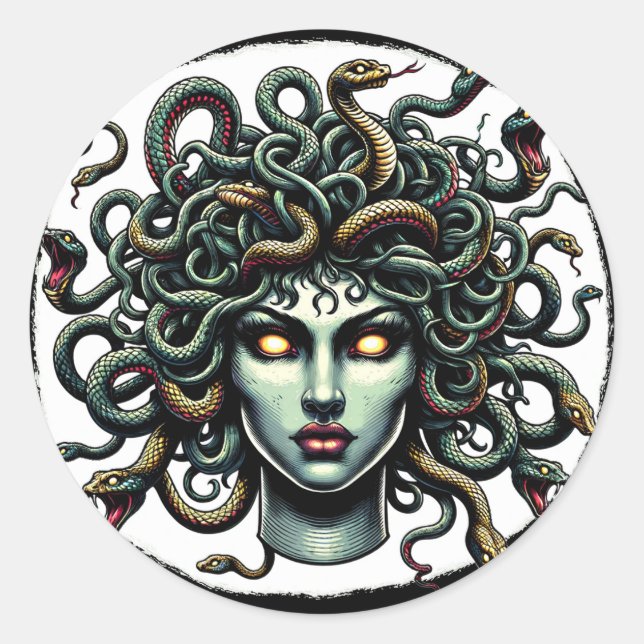 Green Gazing Medusa Head full of Snakes Classic Round Sticker (Front)
