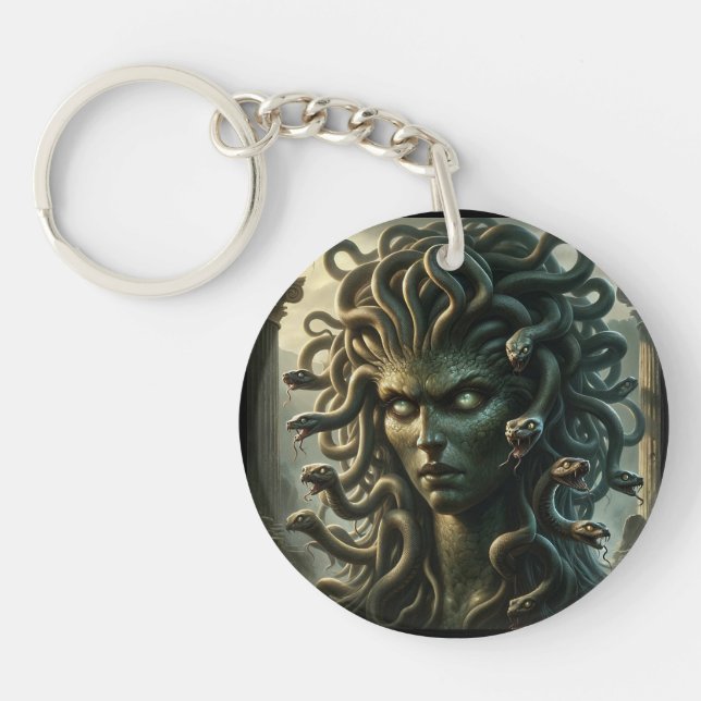 Green Gazing Medusa Head full of Snakes Keychain (Front)