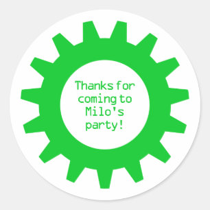 Green Gear Birthday Party Thank You Stickers