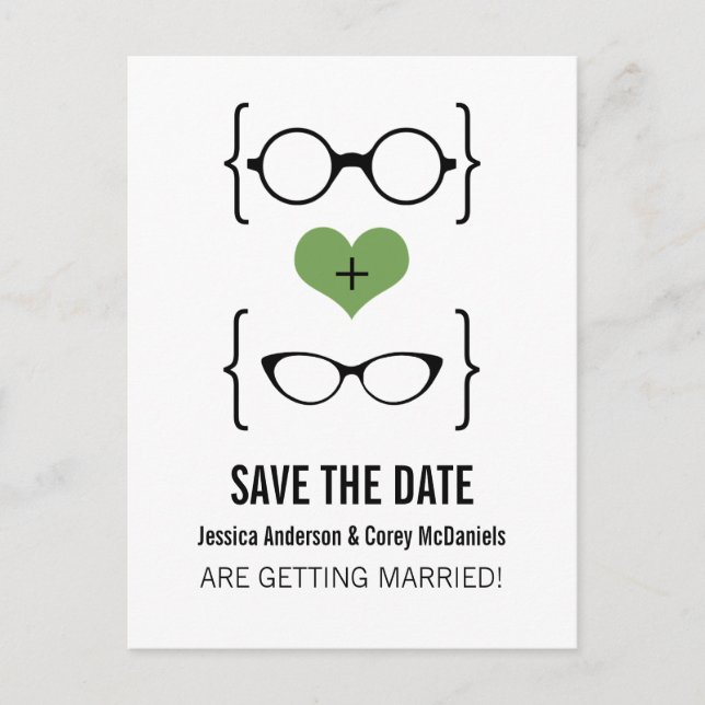 Green Geeky Glasses Save the Date Postcard (Front)