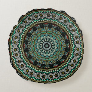 Green Geometric Floral Boho Tribal Mandala Round Pillow