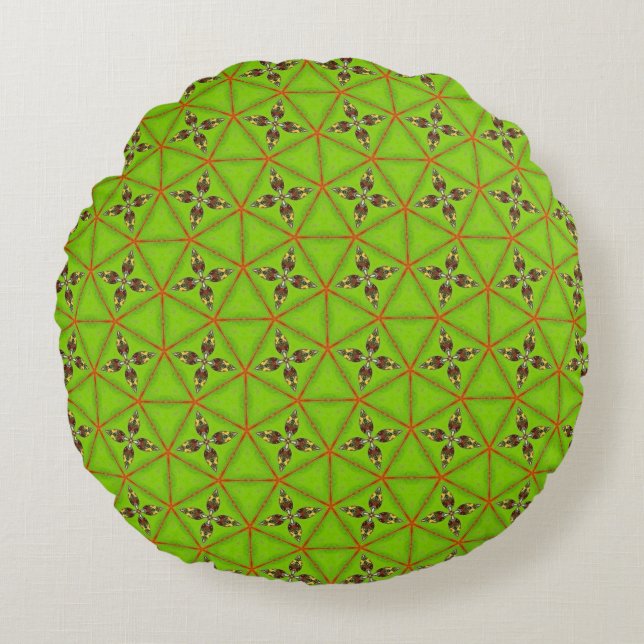 Green Geometric Floral Pattern Round Pillow (Front)