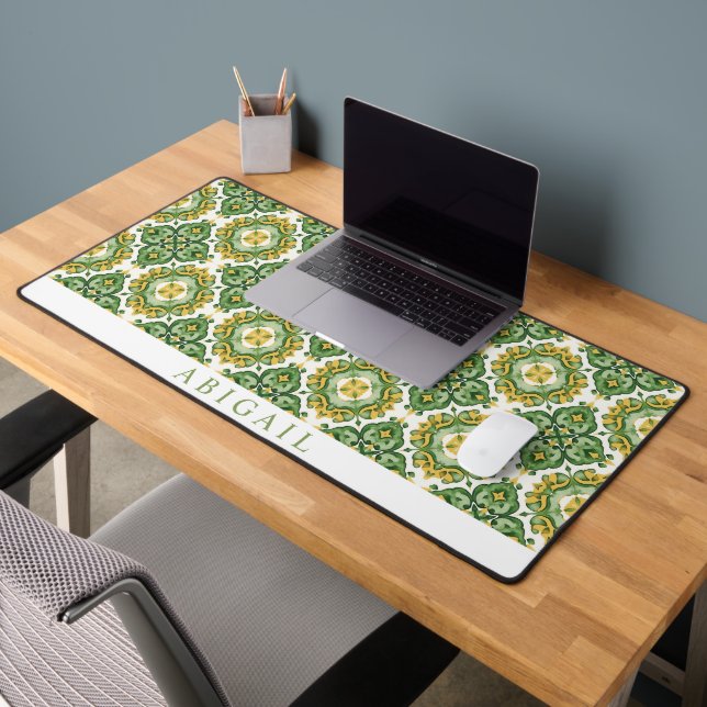 Green geometric Mediterranean tile pattern      Desk Mat (Office 2)