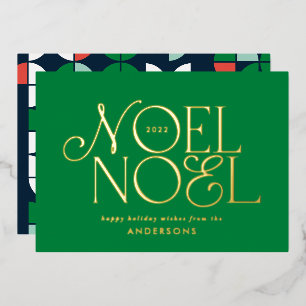 green geometric Noel script elegant modern Foil Holiday Card