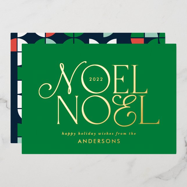 green geometric Noel script elegant modern Foil Holiday Card (Front/Back)