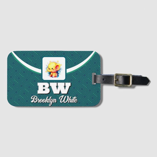 Green Geometric Pattern Customizable Photo Text Luggage Tag (Front Horizontal)