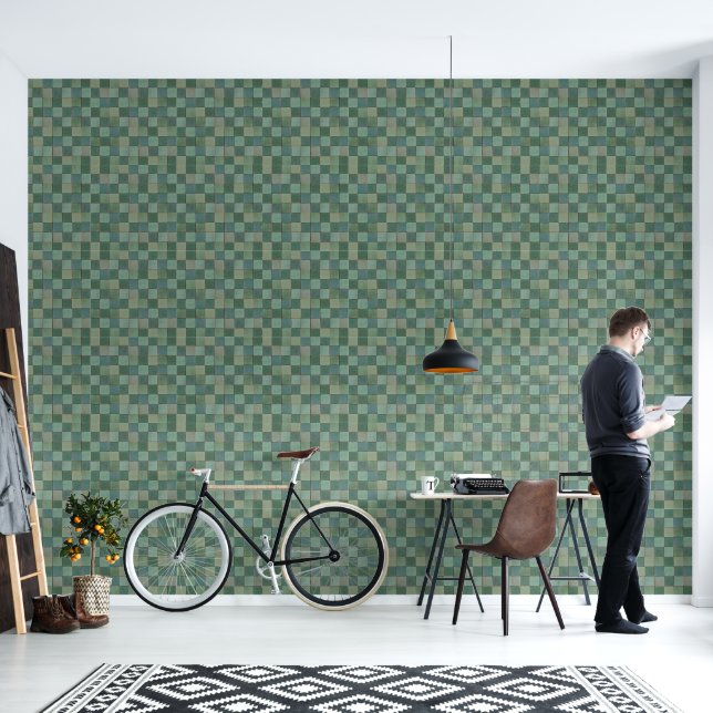 Green geometric tile pattern Vinyl Wallpaper (Living Room)