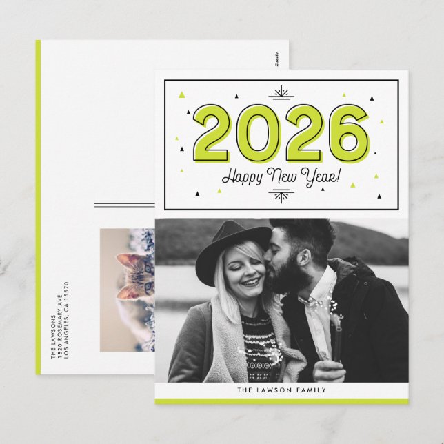 Green Geometric Typography Photo Happy New Year Holiday Postcard (Front/Back)