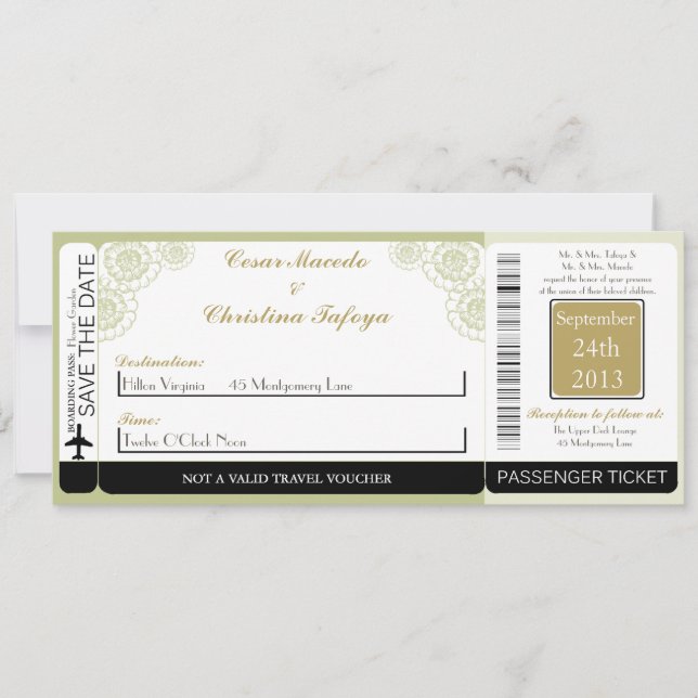 Green Gerbera Dai Boarding Pass Wedding Invitation (Front)