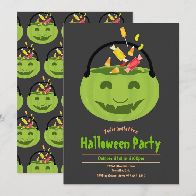 Green Ghoul Pail Candy Kid’s Halloween Party Invitation (Front/Back)