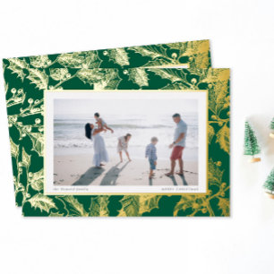 Green Gilded Holly Frame Traditional Christmas Foil Holiday Card