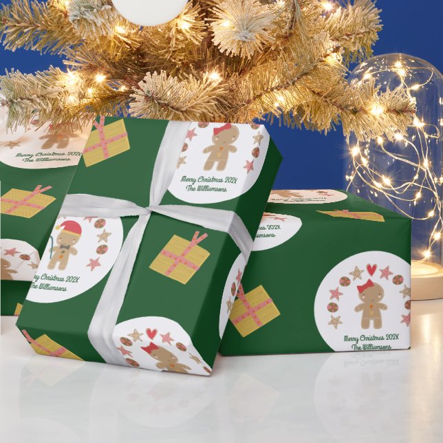 Green Gingerbread Cookie Custom Name Script Fun Wrapping Paper (Holidays)