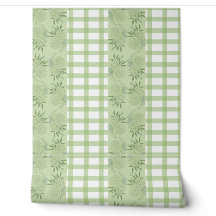 Green Gingham and Floral Motif Wallpaper