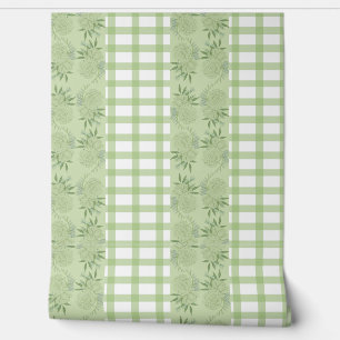 Green Gingham and Floral Motif Wallpaper