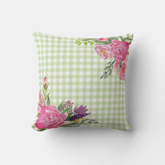 Green Gingham and Pink Peonies Outdoor Pillow (Front)