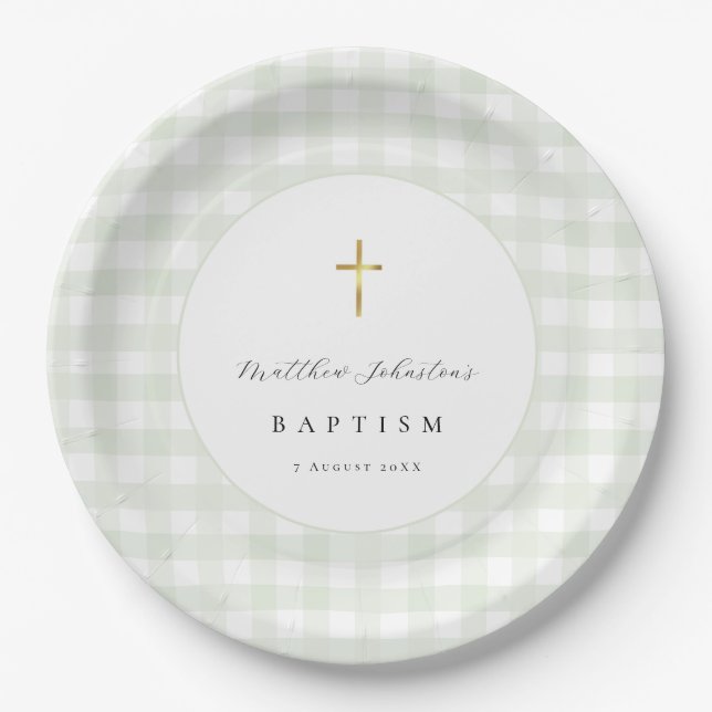 Green Gingham Baby Baptism Paper  Plate (Front)