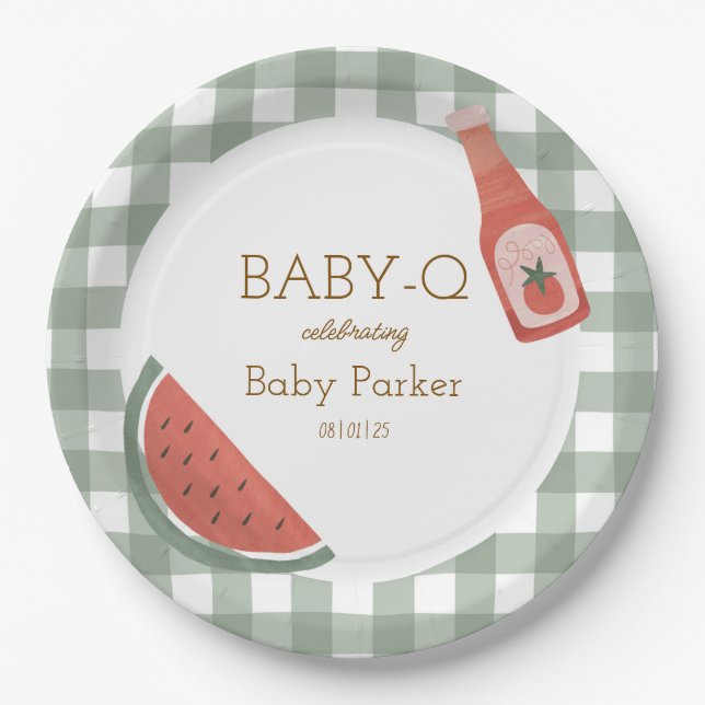 Green Gingham Baby-Q Circular Plate (Front)