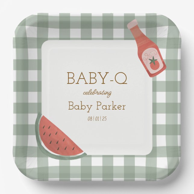Green Gingham Baby-Q Square Plate (Front)