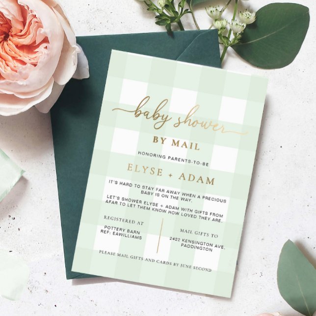 Green Gingham Baby Shower By Mail Foil Invitation (Baby Shower By Mail Invitation Mint Green Gingham )