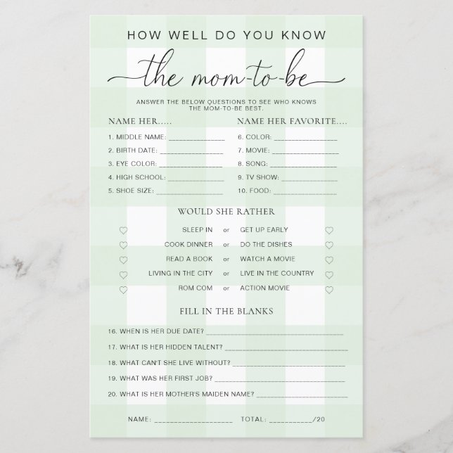 Green Gingham Baby Shower Know The Mom-to-be Game (Front)