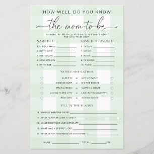 Green Gingham Baby Shower Know The Mom-to-be Game