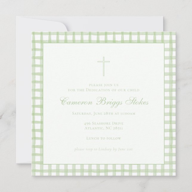 Green Gingham Baptism/Dedication Invitation (Front)