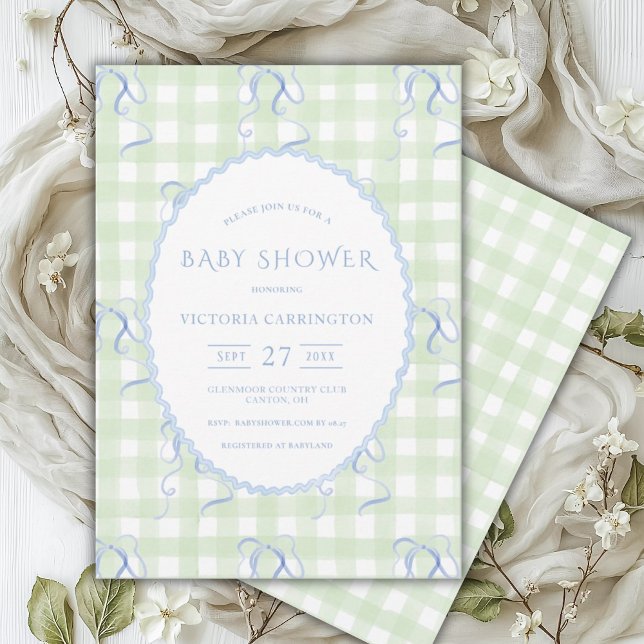 Green Gingham Blue Bows Vintage Baby Shower Invitation (Creator Uploaded)