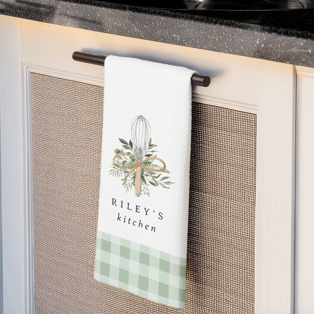 Green Gingham Botanical Whisk Personalized Kitchen Towel (Creator Uploaded)