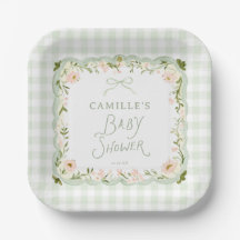 Green Gingham Bow Baby Shower Paper Plates
