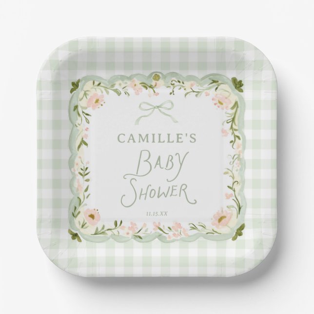 Green Gingham Bow Baby Shower Paper Plates (Front)