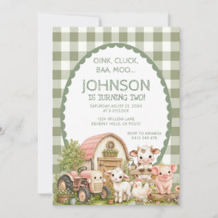 Green Gingham Boy Barnyard Party Animal Invitation