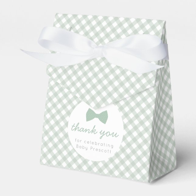 Green gingham boy bow tie baby shower favour box (Front Side)