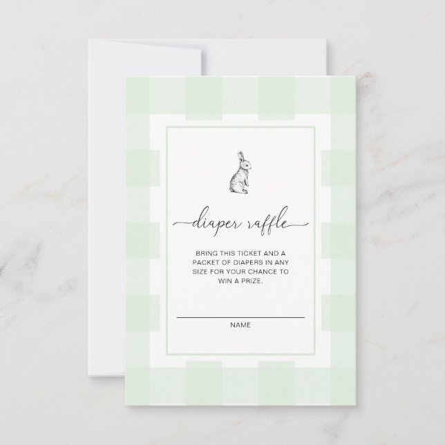Green Gingham Bunny Diaper Raffle Ticket Card (Front)