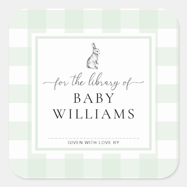 Green Gingham Bunny For The Library Of Bookplate Square Sticker (Front)