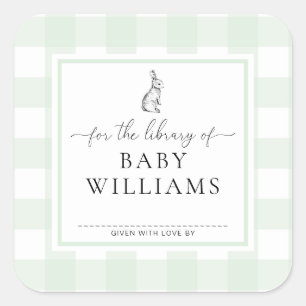 Green Gingham Bunny For The Library Of Bookplate Square Sticker