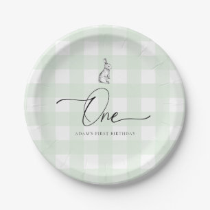 Green Gingham Bunny Rabbit First Birthday Paper Plate