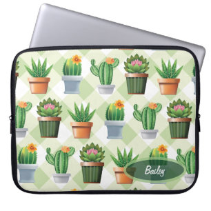 Green Gingham Cactus Pattern Laptop Sleeve