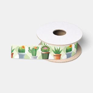 Green Gingham Cactus Pattern Satin Ribbon