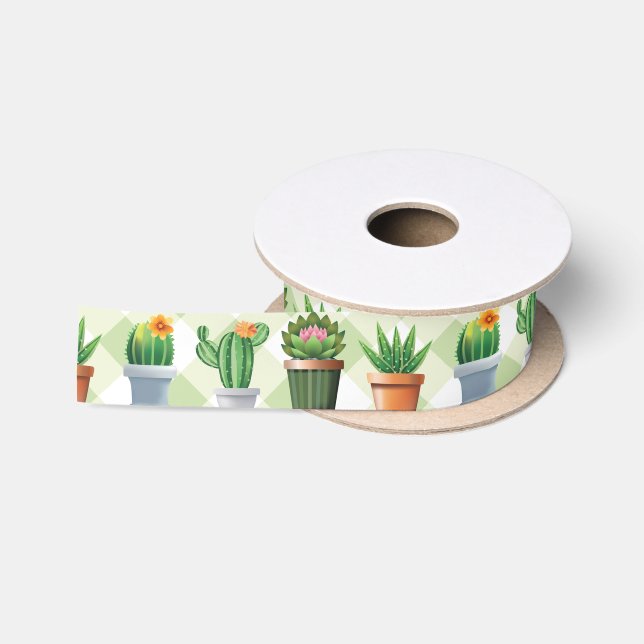 Green Gingham Cactus Pattern Satin Ribbon (Spool)