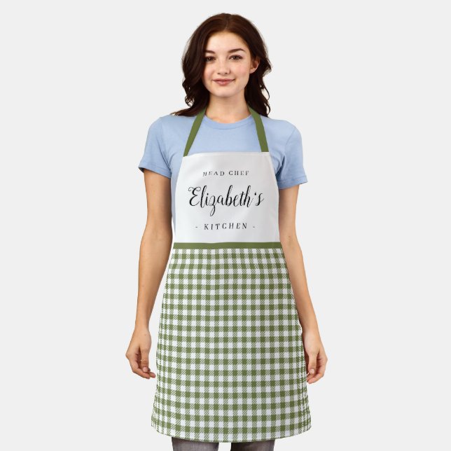 Green gingham check adult personalized cooking apron (Worn)