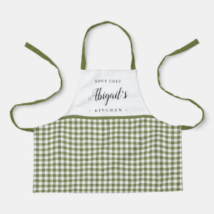Green gingham check child personalized cooking apron