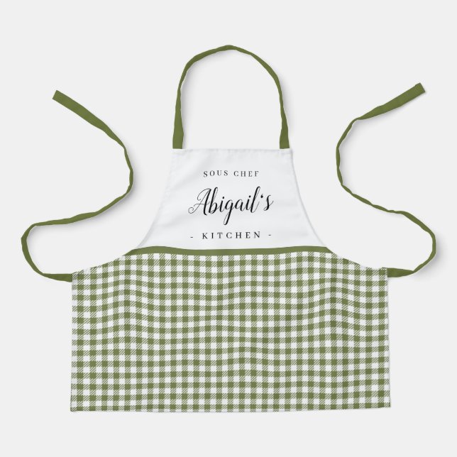 Green gingham check child personalized cooking apron (Front)