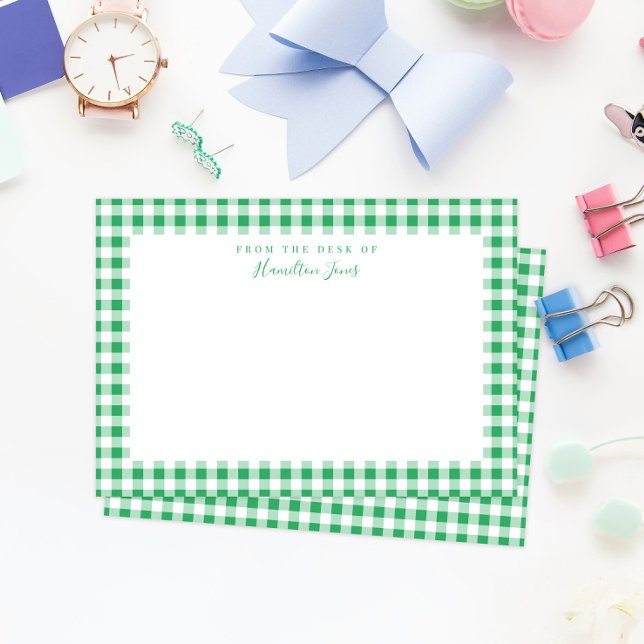 Green Gingham Check From the Desk of Thank You Card (preppy Kelly green and white gingham check personalized with their name stationery for kids)