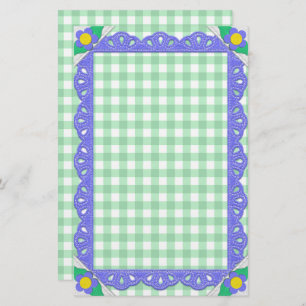 Green Gingham Check Periwinkle Felt Frame  Stationery