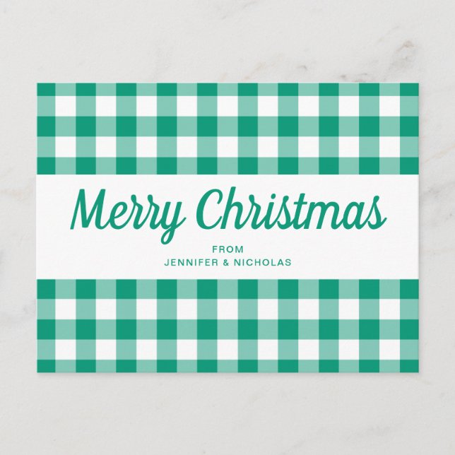 Green Gingham Checks Merry Christmas Script Postcard (Front)