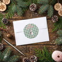 Green Gingham Christmas Envelope Sticker | Snowman