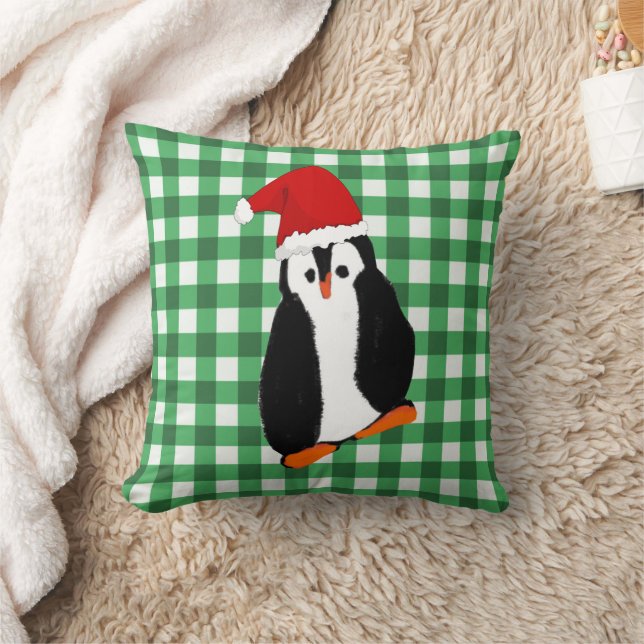 Green Gingham Christmas Penguin and Greeting Throw Pillow (Blanket)