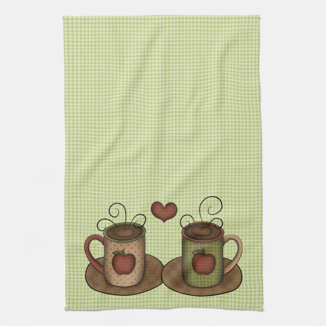 Green Gingham Coffee Time Kitchen Towel (Vertical)