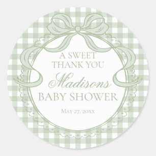 Green Gingham Coquette Bow Baby Shower Favour Classic Round Sticker