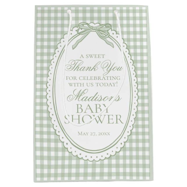 Green Gingham Coquette Bow Baby Shower Favours Medium Gift Bag (Front)